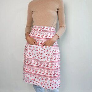 Reversible Red/White Christmas Reindeer Half Apron with Pockets